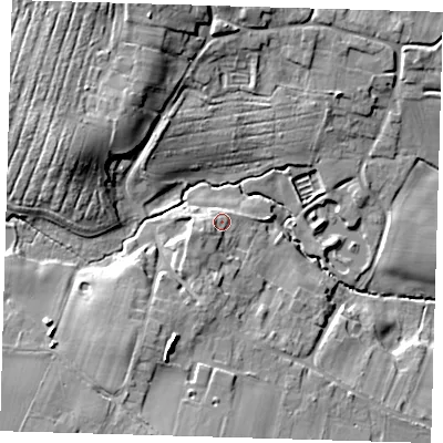 Shaded relief map of the ground around LN96PZ, computed from Environment Agency LiDAR. The ground here sits at about 52 m above sea level and falls 19 m across the surrounding 800 m. Surface water reaching this point runs off ground lying to the south-west, 3.5 m higher.