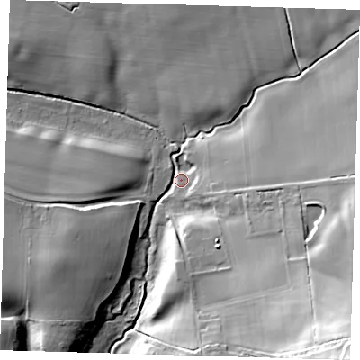 Shaded relief map of the ground around LN96QF, computed from Environment Agency LiDAR. The ground here sits at about 45 m above sea level and falls 38 m across the surrounding 800 m. Surface water reaching this point runs off ground lying to the east-south-east, 18.8 m higher.