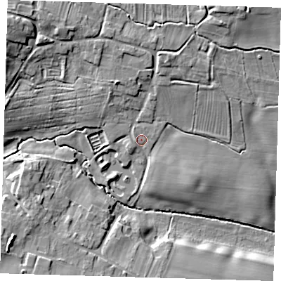 Shaded relief map of the ground around LN96QQ, computed from Environment Agency LiDAR. The ground here sits at about 50 m above sea level and falls 17 m across the surrounding 800 m. Surface water reaching this point runs off ground lying to the north-west, 1.1 m higher.