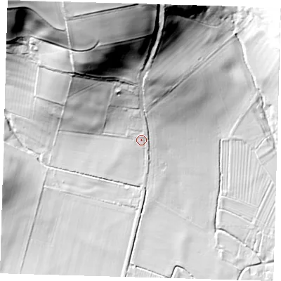 Shaded relief map of the ground around LN96QR, computed from Environment Agency LiDAR. The ground here sits at about 68 m above sea level and falls 73 m across the surrounding 800 m. Surface water reaching this point runs off ground lying to the north, 49.5 m higher.
