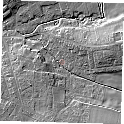 Shaded relief map of the ground around LN96QX, computed from Environment Agency LiDAR. The ground here sits at about 32 m above sea level and falls 16 m across the surrounding 800 m. Surface water reaching this point runs off ground lying to the east-north-east, 11.6 m higher.