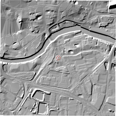 Shaded relief map of the ground around LS101AP, computed from Environment Agency LiDAR. The ground here sits at about 27 m above sea level and falls 13 m across the surrounding 800 m. Surface water reaching this point runs off ground lying to the south-south-east, 1.7 m higher.