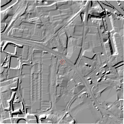 Shaded relief map of the ground around LS101AU, computed from Environment Agency LiDAR. The ground here sits at about 26 m above sea level and falls 10 m across the surrounding 800 m. Surface water reaching this point runs off ground lying to the west-north-west, 1.9 m higher.