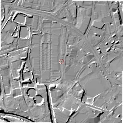 Shaded relief map of the ground around LS101AW, computed from Environment Agency LiDAR. The ground here sits at about 26 m above sea level and falls 14 m across the surrounding 800 m. Surface water reaching this point runs off ground lying to the south, 8.1 m higher.