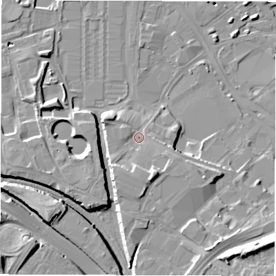 Shaded relief map of the ground around LS101BG, computed from Environment Agency LiDAR. The ground here sits at about 29 m above sea level and falls 16 m across the surrounding 800 m. Surface water reaching this point runs off ground lying to the south-south-east, 6.2 m higher.