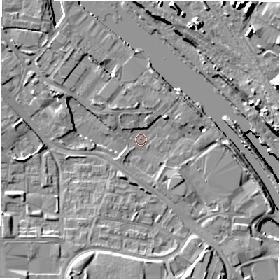 Shaded relief map of the ground around LS101BL, computed from Environment Agency LiDAR. The ground here sits at about 23 m above sea level and falls 17 m across the surrounding 800 m. Surface water reaching this point runs off ground lying to the south-south-west, 8.1 m higher.