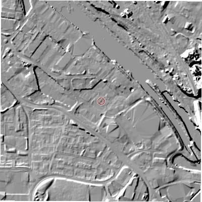 Shaded relief map of the ground around LS101BY, computed from Environment Agency LiDAR. The ground here sits at about 23 m above sea level and falls 20 m across the surrounding 800 m. Surface water reaching this point runs off ground lying to the west-south-west, 2.0 m higher.