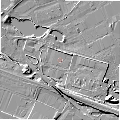Shaded relief map of the ground around LS101DF, computed from Environment Agency LiDAR. The ground here sits at about 23 m above sea level and falls 13 m across the surrounding 800 m. The ground contributing surface water to this point lies to the south-south-west.