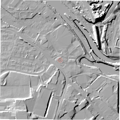 Shaded relief map of the ground around LS101DJ, computed from Environment Agency LiDAR. The ground here sits at about 25 m above sea level and falls 20 m across the surrounding 800 m. Surface water reaching this point runs off ground lying to the north, 0.9 m higher.