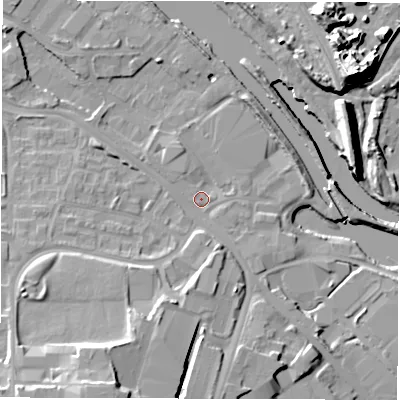 Shaded relief map of the ground around LS101DR, computed from Environment Agency LiDAR. The ground here sits at about 24 m above sea level and falls 20 m across the surrounding 800 m. Surface water reaching this point runs off ground lying to the south-south-west, 14.3 m higher.