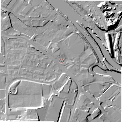 Shaded relief map of the ground around LS101DY, computed from Environment Agency LiDAR. The ground here sits at about 24 m above sea level and falls 20 m across the surrounding 800 m. Surface water reaching this point runs off ground lying to the north-west, 0.8 m higher.