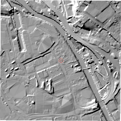Shaded relief map of the ground around LS101EE, computed from Environment Agency LiDAR. The ground here sits at about 25 m above sea level and falls 30 m across the surrounding 800 m. Surface water reaching this point runs off ground lying to the west, 4.5 m higher.