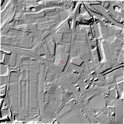 Shaded relief map of the ground around LS101EF, computed from Environment Agency LiDAR. The ground here sits at about 27 m above sea level and falls 10 m across the surrounding 800 m. The ground contributing surface water to this point lies to the north-east.