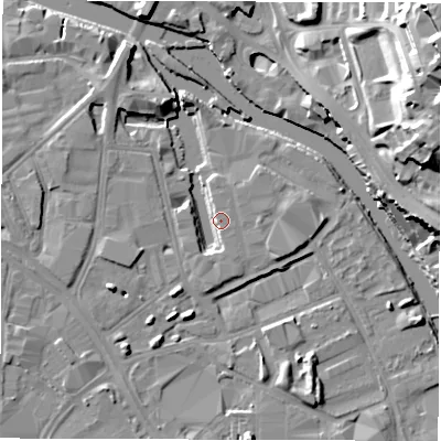 Shaded relief map of the ground around LS101EG, computed from Environment Agency LiDAR. The ground here sits at about 27 m above sea level and falls 33 m across the surrounding 800 m. Surface water reaching this point runs off ground lying to the south, 2.8 m higher.
