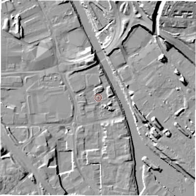 Shaded relief map of the ground around LS101EH, computed from Environment Agency LiDAR. The ground here sits at about 25 m above sea level and falls 21 m across the surrounding 800 m. Surface water reaching this point runs off ground lying to the north-north-west, 10.5 m higher.
