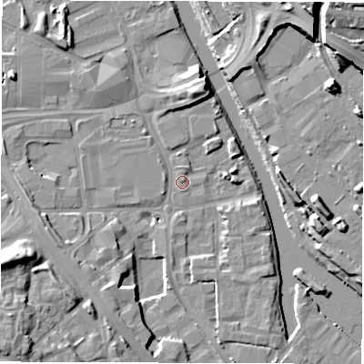 Shaded relief map of the ground around LS101EJ, computed from Environment Agency LiDAR. The ground here sits at about 25 m above sea level and falls 17 m across the surrounding 800 m. Surface water reaching this point runs off ground lying to the north, 7.5 m higher.