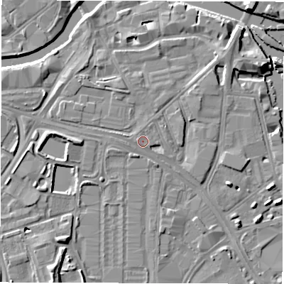 Shaded relief map of the ground around LS101EL, computed from Environment Agency LiDAR. The ground here sits at about 27 m above sea level and falls 8 m across the surrounding 800 m. Surface water reaching this point runs off ground lying to the west-north-west, 0.7 m higher.