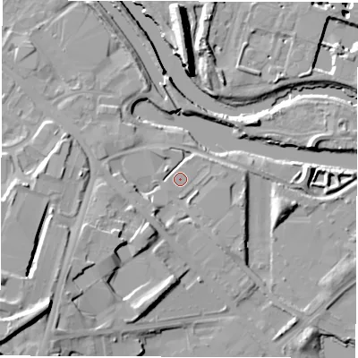 Shaded relief map of the ground around LS101EP, computed from Environment Agency LiDAR. The ground here sits at about 24 m above sea level and falls 21 m across the surrounding 800 m. Surface water reaching this point runs off ground lying to the south-south-west, 4.2 m higher.