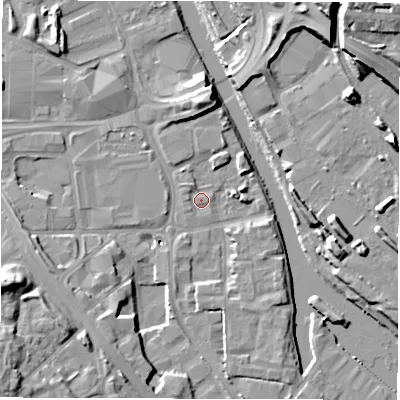 Shaded relief map of the ground around LS101EQ, computed from Environment Agency LiDAR. The ground here sits at about 25 m above sea level and falls 18 m across the surrounding 800 m. Surface water reaching this point runs off ground lying to the north-north-west, 1.1 m higher.