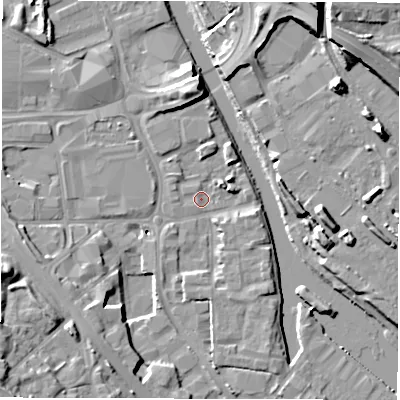 Shaded relief map of the ground around LS101ER, computed from Environment Agency LiDAR. The ground here sits at about 25 m above sea level and falls 17 m across the surrounding 800 m. Surface water reaching this point runs off ground lying to the north, 10.5 m higher.