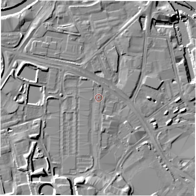 Shaded relief map of the ground around LS101ES, computed from Environment Agency LiDAR. The ground here sits at about 26 m above sea level and falls 10 m across the surrounding 800 m. Surface water reaching this point runs off ground lying to the west-north-west, 3.4 m higher.