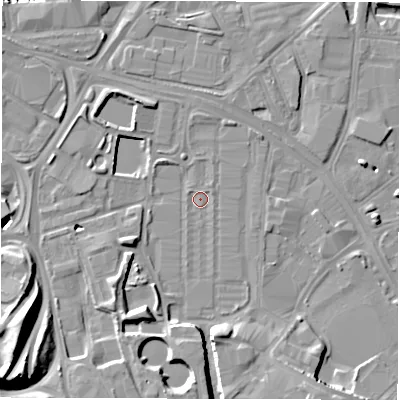 Shaded relief map of the ground around LS101ET, computed from Environment Agency LiDAR. The ground here sits at about 26 m above sea level and falls 18 m across the surrounding 800 m. Surface water reaching this point runs off ground lying to the south, 7.6 m higher.