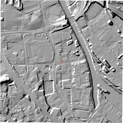 Shaded relief map of the ground around LS101EU, computed from Environment Agency LiDAR. The ground here sits at about 25 m above sea level and falls 16 m across the surrounding 800 m. Surface water reaching this point runs off ground lying to the north, 10.5 m higher.