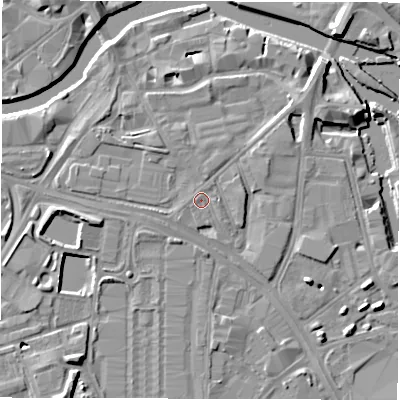 Shaded relief map of the ground around LS101EX, computed from Environment Agency LiDAR. The ground here sits at about 27 m above sea level and falls 8 m across the surrounding 800 m. The ground contributing surface water to this point lies to the west.