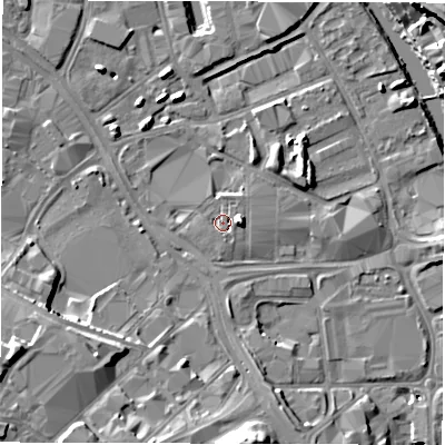 Shaded relief map of the ground around LS101EY, computed from Environment Agency LiDAR. The ground here sits at about 26 m above sea level and falls 15 m across the surrounding 800 m. Surface water reaching this point runs off ground lying to the east, 4.0 m higher.