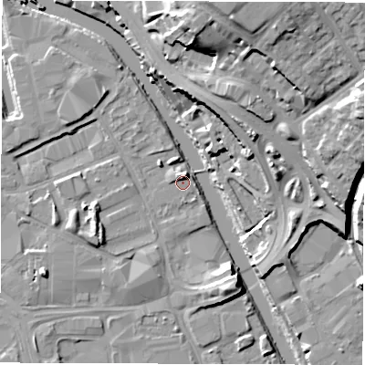 Shaded relief map of the ground around LS101FA, computed from Environment Agency LiDAR. The ground here sits at about 25 m above sea level and falls 27 m across the surrounding 800 m. Surface water reaching this point runs off ground lying to the north, 2.6 m higher.