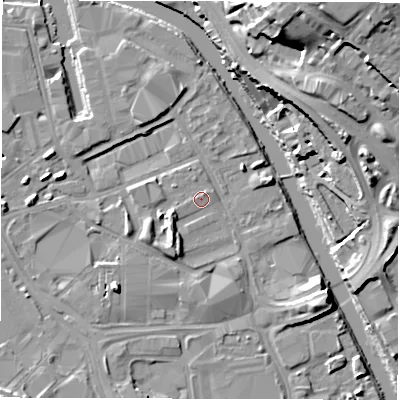 Shaded relief map of the ground around LS101FB, computed from Environment Agency LiDAR. The ground here sits at about 26 m above sea level and falls 27 m across the surrounding 800 m. Surface water reaching this point runs off ground lying to the south-west, 3.5 m higher.