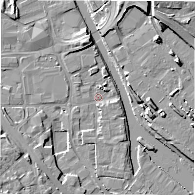 Shaded relief map of the ground around LS101FD, computed from Environment Agency LiDAR. The ground here sits at about 24 m above sea level and falls 17 m across the surrounding 800 m. Surface water reaching this point runs off ground lying to the north-north-west, 10.5 m higher.