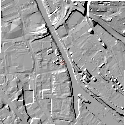 Shaded relief map of the ground around LS101FG, computed from Environment Agency LiDAR. The ground here sits at about 25 m above sea level and falls 19 m across the surrounding 800 m. Surface water reaching this point runs off ground lying to the north-north-west, 10.5 m higher.