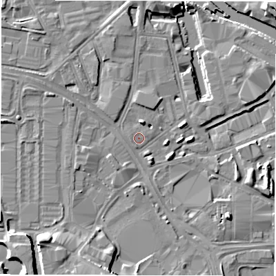 Shaded relief map of the ground around LS101FL, computed from Environment Agency LiDAR. The ground here sits at about 26 m above sea level and falls 10 m across the surrounding 800 m. Surface water reaching this point runs off ground lying to the north-north-east, 5.4 m higher.