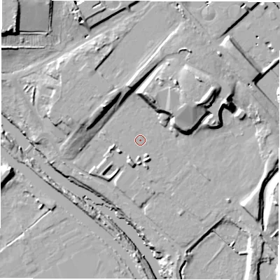 Shaded relief map of the ground around LS101FQ, computed from Environment Agency LiDAR. The ground here sits at about 24 m above sea level and falls 22 m across the surrounding 800 m. Surface water reaching this point runs off ground lying to the south-south-east, 3.2 m higher.