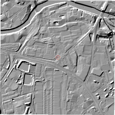 Shaded relief map of the ground around LS101FR, computed from Environment Agency LiDAR. The ground here sits at about 26 m above sea level and falls 8 m across the surrounding 800 m. Surface water reaching this point runs off ground lying to the north-east, 1.0 m higher.