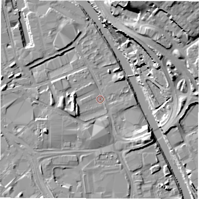 Shaded relief map of the ground around LS101FS, computed from Environment Agency LiDAR. The ground here sits at about 25 m above sea level and falls 25 m across the surrounding 800 m. Surface water reaching this point runs off ground lying to the west-south-west, 3.3 m higher.
