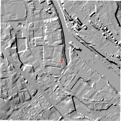 Shaded relief map of the ground around LS101GB, computed from Environment Agency LiDAR. The ground here sits at about 26 m above sea level and falls 13 m across the surrounding 800 m. Surface water reaching this point runs off ground lying to the south-south-east, 0.7 m higher.