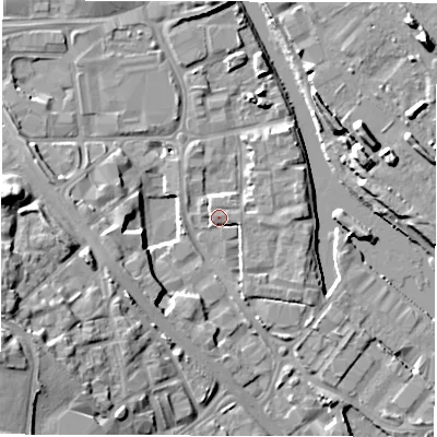 Shaded relief map of the ground around LS101GD, computed from Environment Agency LiDAR. The ground here sits at about 26 m above sea level and falls 15 m across the surrounding 800 m. Surface water reaching this point runs off ground lying to the south-east, 2.2 m higher.