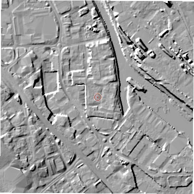 Shaded relief map of the ground around LS101GE, computed from Environment Agency LiDAR. The ground here sits at about 26 m above sea level and falls 13 m across the surrounding 800 m. Surface water reaching this point runs off ground lying to the east, 0.9 m higher.