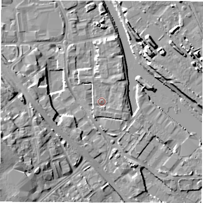 Shaded relief map of the ground around LS101GF, computed from Environment Agency LiDAR. The ground here sits at about 26 m above sea level and falls 13 m across the surrounding 800 m. Surface water reaching this point runs off ground lying to the east-south-east, 1.3 m higher.