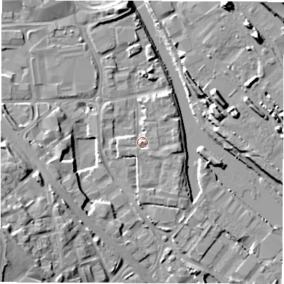 Shaded relief map of the ground around LS101GJ, computed from Environment Agency LiDAR. The ground here sits at about 26 m above sea level and falls 14 m across the surrounding 800 m. Surface water reaching this point runs off ground lying to the east-south-east, 2.2 m higher.