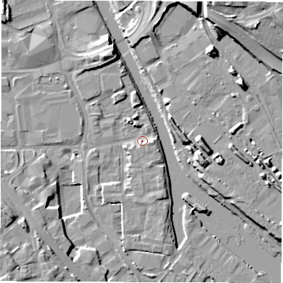 Shaded relief map of the ground around LS101GL, computed from Environment Agency LiDAR. The ground here sits at about 25 m above sea level and falls 17 m across the surrounding 800 m. Surface water reaching this point runs off ground lying to the east, 2.2 m higher.