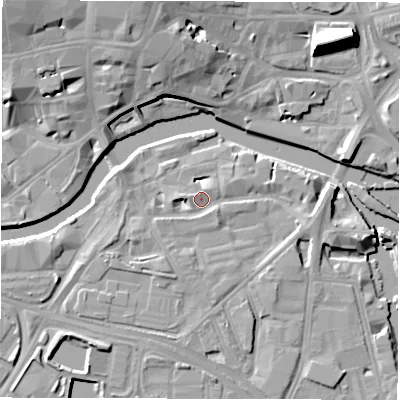 Shaded relief map of the ground around LS101GX, computed from Environment Agency LiDAR. The ground here sits at about 27 m above sea level and falls 15 m across the surrounding 800 m. Surface water reaching this point runs off ground lying to the east, 2.9 m higher.