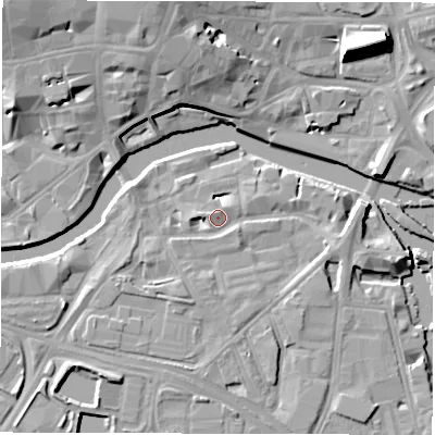 Shaded relief map of the ground around LS101GZ, computed from Environment Agency LiDAR. The ground here sits at about 27 m above sea level and falls 15 m across the surrounding 800 m. Surface water reaching this point runs off ground lying to the east, 2.9 m higher.