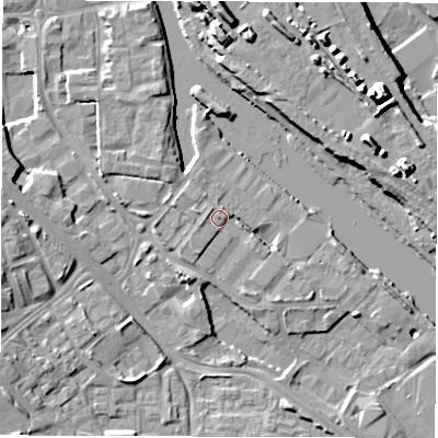 Shaded relief map of the ground around LS101HB, computed from Environment Agency LiDAR. The ground here sits at about 25 m above sea level and falls 14 m across the surrounding 800 m. Surface water reaching this point runs off ground lying to the south-south-west, 1.4 m higher.