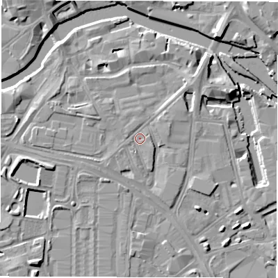 Shaded relief map of the ground around LS101HD, computed from Environment Agency LiDAR. The ground here sits at about 27 m above sea level and falls 8 m across the surrounding 800 m. Surface water reaching this point runs off ground lying to the west-north-west, 1.3 m higher.