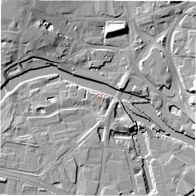 Shaded relief map of the ground around LS101HF, computed from Environment Agency LiDAR. The ground here sits at about 27 m above sea level and falls 15 m across the surrounding 800 m. Surface water reaching this point runs off ground lying to the east-south-east, 0.8 m higher.