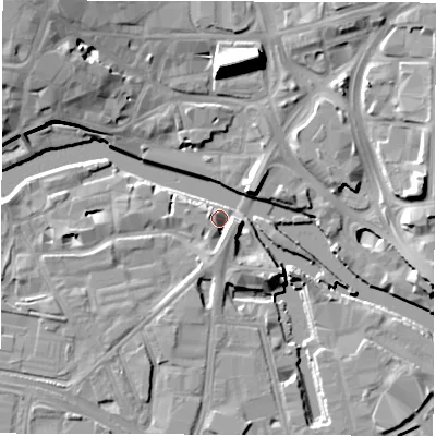 Shaded relief map of the ground around LS101HG, computed from Environment Agency LiDAR. The ground here sits at about 27 m above sea level and falls 14 m across the surrounding 800 m. Surface water reaching this point runs off ground lying to the east-south-east, 6.4 m higher.