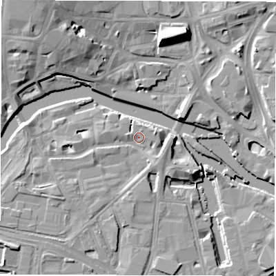 Shaded relief map of the ground around LS101HN, computed from Environment Agency LiDAR. The ground here sits at about 27 m above sea level and falls 14 m across the surrounding 800 m. Surface water reaching this point runs off ground lying to the south-east, 2.9 m higher.